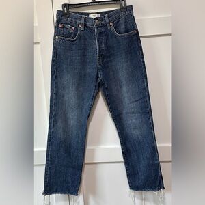 Mango Havana Straight Leg Jeans Womens Size 4 Raw Hem Cropped Medium Wash Denim